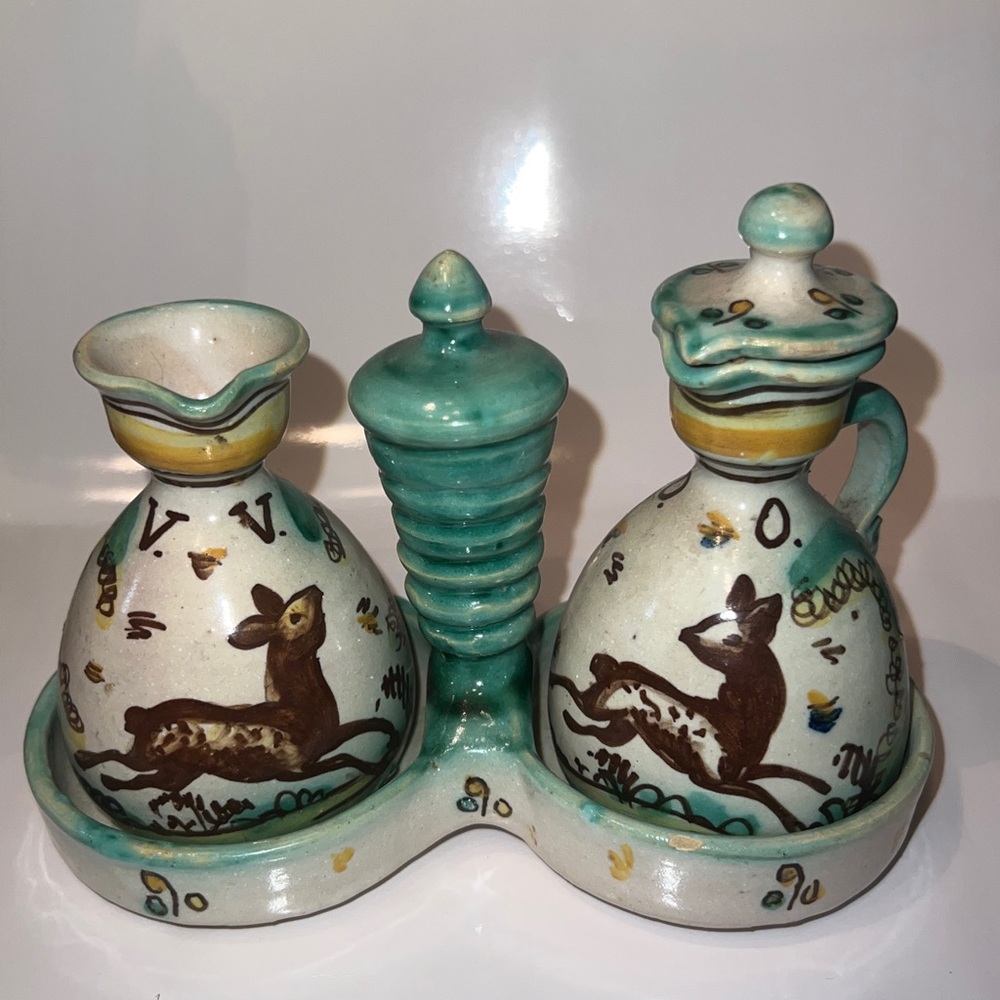 Vintage hand Painted Oil Vinegar Bottle Cruet With Stand Hand Made Spain